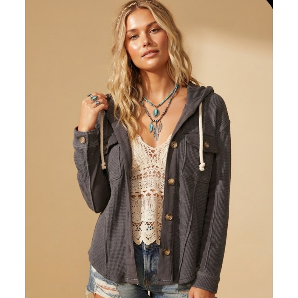 American Eagle Womens XS Gray Waffle Knit Hooded Shacket Thermal Button Up Shirt